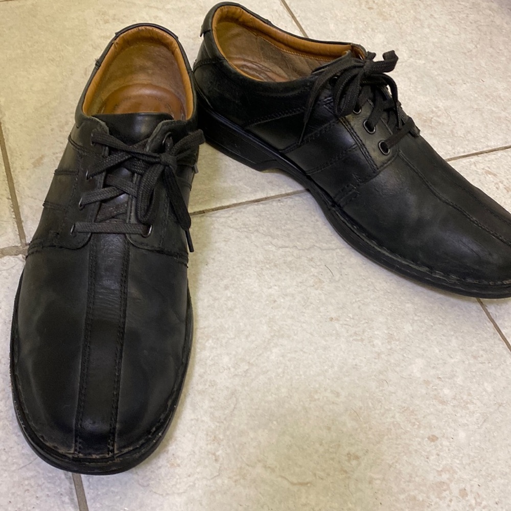 CLARKS soft cushion ortholite black lace up dress casual work shoes 12 leather